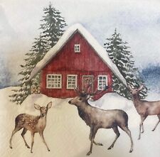 TWO Individual Decoupage Paper Lunch Napkins Christmas Vintage Barn Deer Animal picture