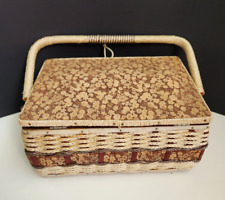 Vintage Floral Sewing Box Plastic Wicker Woven Orange Satin Lining w/ Insert picture