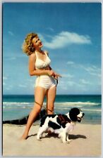 Vtg Pinup Girl w/ Cocker Spaniel Dog Strolling On The Beach 1960s View Postcard picture