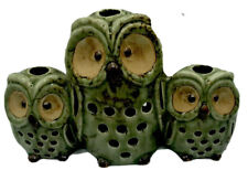 Large 3  Owl Tea Light Candle Holders Figurine Green Pottery Cute Owl picture
