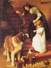 SAINT BERNARD LADY AND SMALL CHILD LOVELY VINTAGE IMAGE DOG GREETINGS NOTE CARD picture