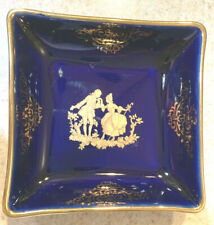 Limoges France Porcelain Miniature Dk Blue Square Trinket Dish-Courtship-22kGold picture
