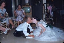 1958 Groom Bride Kissing Sitting on Floor Opening Wedding Gifts Vtg 35mm Slide picture
