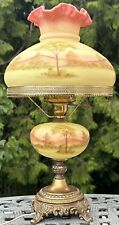 Vintage Fenton Burmese Custard Glass Student Lamp Hand Painted Trees Connie Ash picture