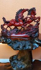 Vintage Mahogany Red Resin 3 Stallions Galopping Horses, Chinese Figurine... picture