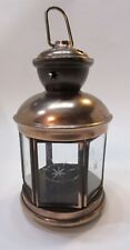 Vintage Coppertone Tin Etch Glass 6 Panel Hurricane Lantern Votive Candle Holder picture