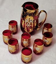 SCARCE Murano Ruby Red and Gold Pitcher and Tumblers Glasses  Italy 9 Piece Set picture