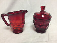 Viking Georgian Vintage Cranberry Red Glass Honeycomb Sugar Bowl & Creamer picture
