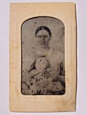 Antique 6th Tintype Photo Civil War Cute Baby & Pretty Mother Tinted Gold Brooch picture