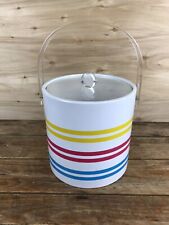 Vintage White 1980’s Ice Bucket Acrylic Lucite Lid Handle Color Stripes picture