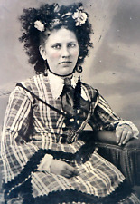Antique Tintype Photo Beautiful Woman High Fashion Plaid Dress Crazy Wild Hair picture