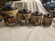 Vtg Hand Painted Ransburg 4 Pc Tin Canisters with wooden lids picture