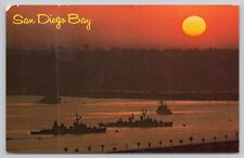 San Diego Bay California, Sunset, US Naval Ships, Vintage Postcard picture