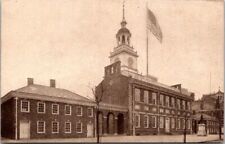 Philadelphia Penn Independence Hall Clock Tower Flag Washington Statue Postcard picture