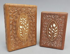 2 Vintage inlaid ornate carved teak wood trinket jewelry box India Mid Century picture