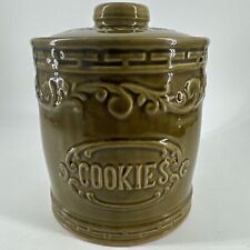 Vintage Monmouth Pottery Cookie Jar Avocado Glossy Green Raised Scrolling picture