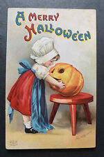 Vintage Ellen Clapsaddle Girl & Pumpkin Embossed Halloween Postcard NEVER USED picture