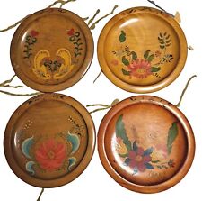 Lot 4 Vintage Mid Century Modern Hand Painted Birds Flowers Wooden Plate Round picture
