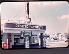DeSoto Plymouth Car Dealership, Gulf Gas. 1950’s Kodachrome slide, red border picture