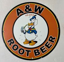 A&W ROOT BEER ICE COLD DONALD DUCK PORCELAIN GAS OIL SODA MANCAVE GARAGE SIGN. picture