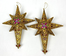 2 North Star Christmas Ornaments Gold Rhinestones Bejeweled Large 9