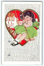 c1910's Valentine Heart Little Girl Swinging Embossed Posted Antique Postcard picture