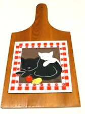Vintage 1983 Cutting Board Hanging Wood Tile Trivet Black Cat White Kitten picture