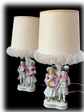 Vtg Pair Colonial Man & Woman Boudoir Lamps w Shades 10