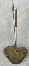 Vintage MCM Brass & Wood Sculpture Cattail Lily Pads Metal Brutalist Tabletop picture