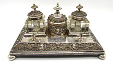 Antique c.1890 Stunning Silver Plated Inkstand Inkwells Desk Set Ornate Filigree picture