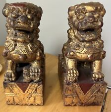 Antique Vintage Chinese Red Lacquer And Gilt Wood Foo Dog Statues Or Bookends picture