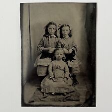 Antique Tintype Photograph Three Adorable Little Girls Matching Dresses Sisters picture