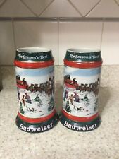 2 Budweiser 1991 beer Steins The Seasons Best Large Mug Xmas Winter Holiday picture