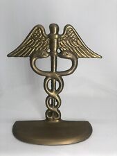 Caduceus Brass Bookend, Army Medical Symbol, Vintage, Hermes And Roman Mercury picture
