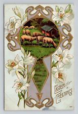 Postcard Easter Greeting w/ Cross Sheep & Lily Flowers, Antique b11 picture