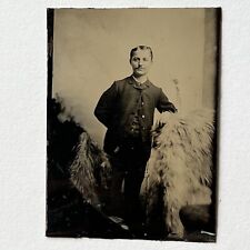 Antique Tintype Photograph Dapper Young Man Slick Hair Short Stature Furs picture