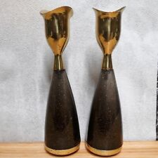 Pair of Vintge Art Deco Black/Gold Flecked and Brass Candlestick Holders picture