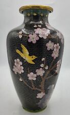 Vtg Chinese Cloisonné Brass Vase Pink Cherry Blossoms Yellow Canary Bird 10