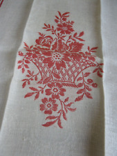 Antique Turkey Red &White Fringed Show Towel With Flower Basket in Center picture