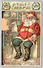 c1900s Merry Christmas Reading Santa Claus Embossed Decor Vintage Postcard picture
