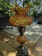 Vintage Fenton Amber Poppy Student Lamp With brass Base Boudoir Bohemian picture