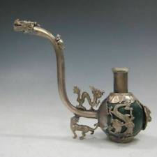 China Handwork Jade Inlay Pipe Tibet Silver Dragon Smoking Pipe Collectible picture