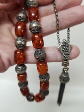 Vintage STERLING SILVER 925 & AMBER GREEK KOMBOLOI WORRY PRAYER BEADS ~ 40 Grams picture