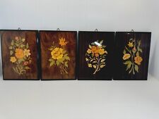 Set Of Four Vintage Italian Wood Inlay Floral Wall  Art Plaques Marquetry Flower picture