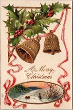 1910s MERRY CHRISTMAS Embossed Postcard Winter Bunny Scene / Gold Bells & Holly picture