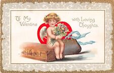 1910 Tuck Valentine PC-Cupid With Flowers Sitting On Suitcase-Cupid Series No. 1 picture