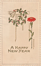 A HAPPY NEW YEAR POSTCARD Art Deco 1910 Holly Garland Bell Flower Embossed picture