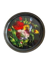 Vtg  Zhostovo Russian Black Tole Tray Floral Hand Painted Wall Hanging 11.5