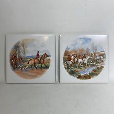 VTG Fox Hunting Red Coat Horse Equestrian English Tile Plates Trivet Lot Of 2 picture