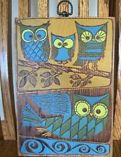 Vintage Wood Owl Wall Plaques Pair Mid Century Decor Hand Painted Atomic picture